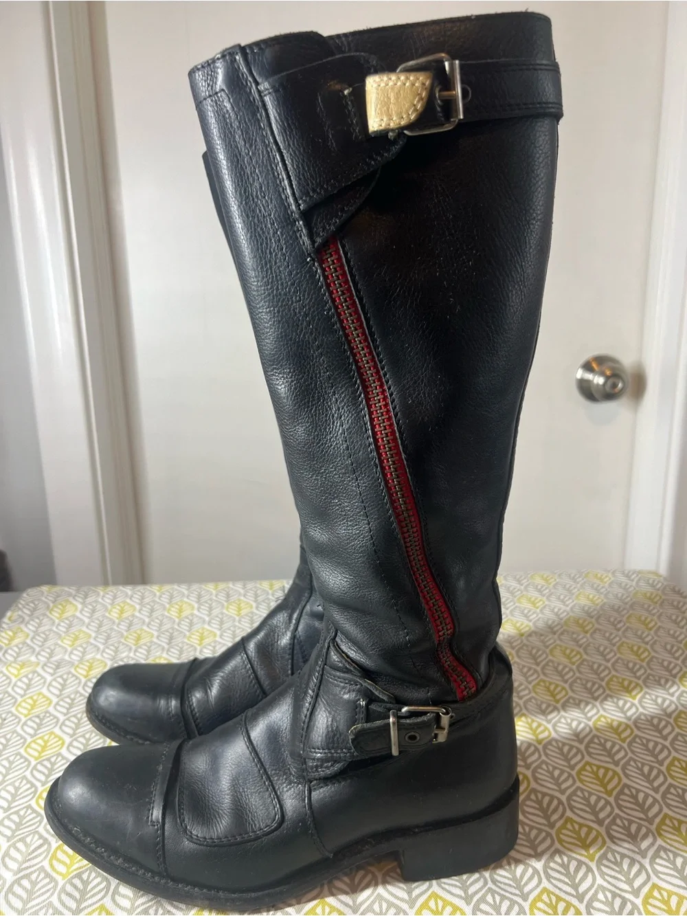 Sendra Black Leather Riding Boots with Zipper Detail & Red Accent Trim Sz. 7 1/2